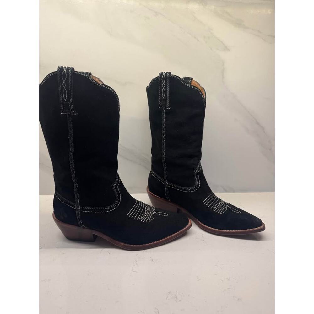 Patricia Nash Size 6 Bergamo Black Western Mid-Shaft Whipstitch Suede Boots